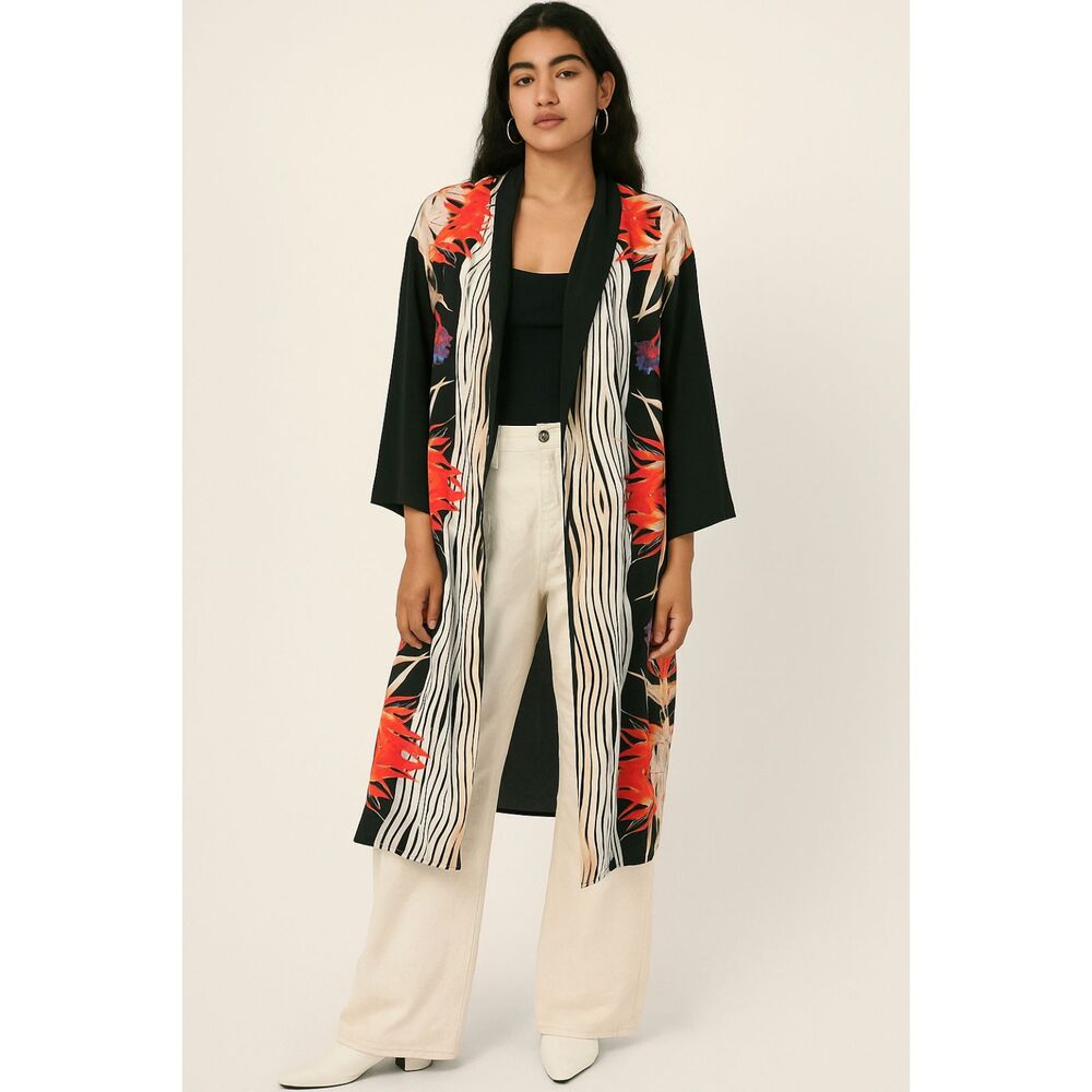 CLOVER CANYON Black Floral Long Robe Cover Up Cardigan   Women's Size Medium